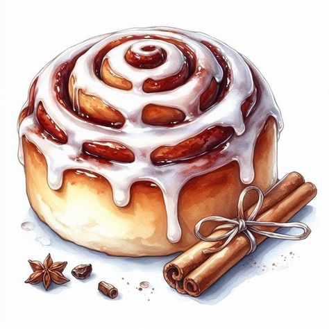 Dessert Drawing Realistic, Cinnamon Rolls Drawing, Cooking Art Drawing, Christmas Food Drawing, Cinnamon Roll Drawing, Dessert Drawings, Sweets Drawing, Food Art Drawing, Baking Drawing