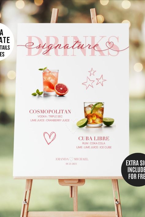 This signature drinks sign template includes a list with 230 popular wedding cocktails with ingredients and measurements. It also includes over 300 high resolution images ready for printing. Vodka Cranberry Cocktail, Drink Wedding, Wedding Bar Menu Template, Menu Signs, Menu Drink, Signature Wedding Drinks Sign, Wedding Drink Menu, Signature Drink Sign, Drinks Sign