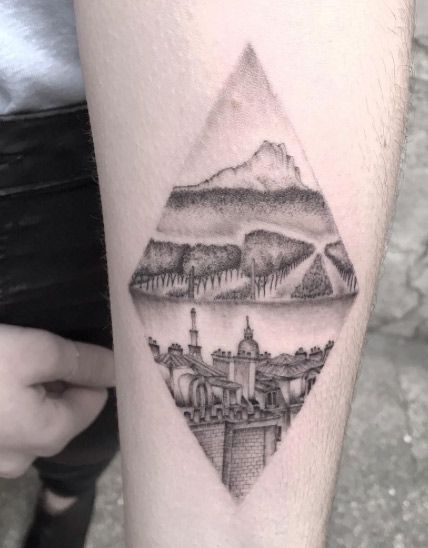 Vineyard Tattoo, Seascape Tattoo, Yin And Yang Tattoo, Landscape Tattoos, Vineyard Landscape, Italy Tattoo, Landscaping Around Trees, Landscape Tattoo, Geometric Mountain