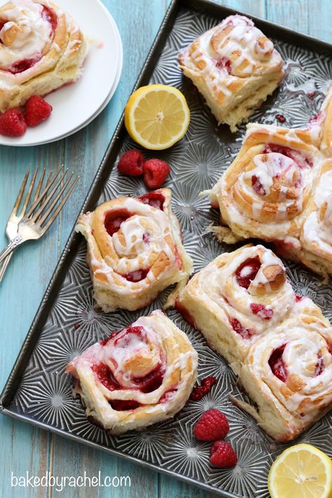 Raspberry Sticky Buns, Lemon Sticky Buns, Raspberry Buns, Lemon Glaze Recipe, Sticky Buns Recipes, Baking Buns, Raspberry Recipes, Lemon Glaze, Sweet Lemon