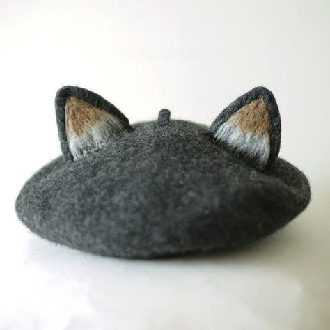 Dark Grey Cat Ears Beret (Women / Girl /Boy )| Handmade Needle Felt French Beret Cute wool BERETS in French style