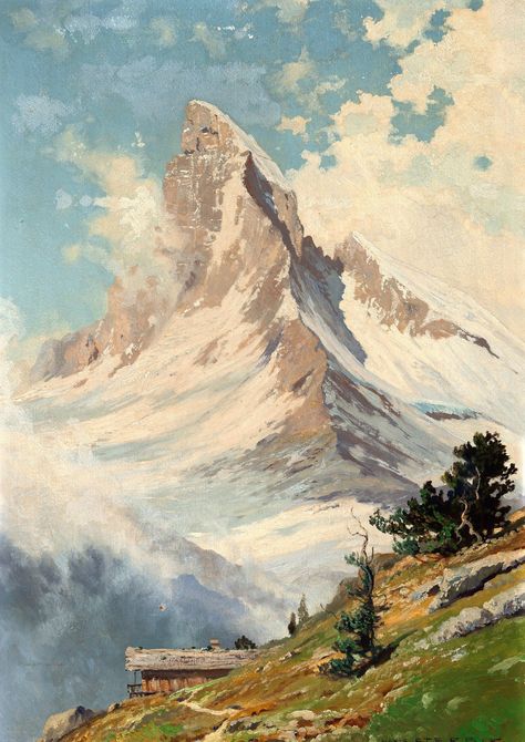 "INFO: A beautiful early 20th-century oil painting titled \"A View of the Matterhorn\" by German artist Toni Haller ( 1907-1944 ). SIZE:  3398 x 4805 pixels ( 300dpi ) ♦ THIS IS A DIGITAL DOWNLOAD AND NO PHYSICAL PRODUCT WILL BE SENT. ♦ * This is a fully-restored high-resolution digital image. Each file is 300dpi resolution which will give you a very clear print. It can be cropped, altered, and printed in multiple sizes for your personal use.  * Print your artwork at home or at a local print sho Matterhorn Painting, French Mountains, Oil Painting Mountains, 20th Century Paintings, Art Mountains, The Matterhorn, Ink Crafts, Vintage Art Prints, Early 20th Century