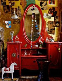 vanity* Boho Basement, Gothic Houses, Vanity Nook, Distress Furniture, Makeup Tables, Red Dresser, Awesome Furniture, Bedroom Bohemian, Fantastic Furniture