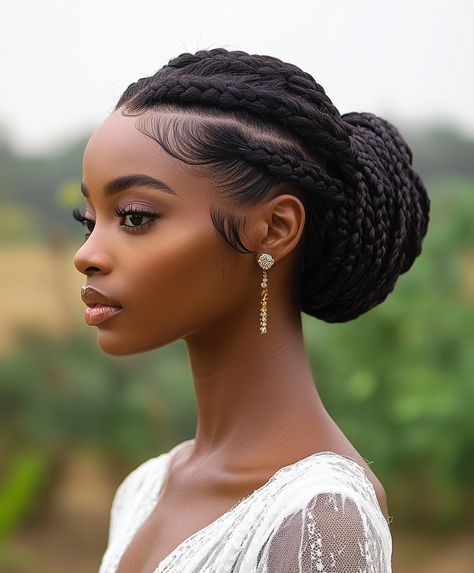 🍃 Chic Braided Bun Bridal Hair Glamorous Braids Updo Hairstyle African Updo Hairstyles, Wedding Hair For Black Women, Bun Bridal Hair, Braided Updo Hairstyles, Braided Bun Styles, Braids Wedding, Afrocentric Hairstyles, Protective Braids, Braids Updo