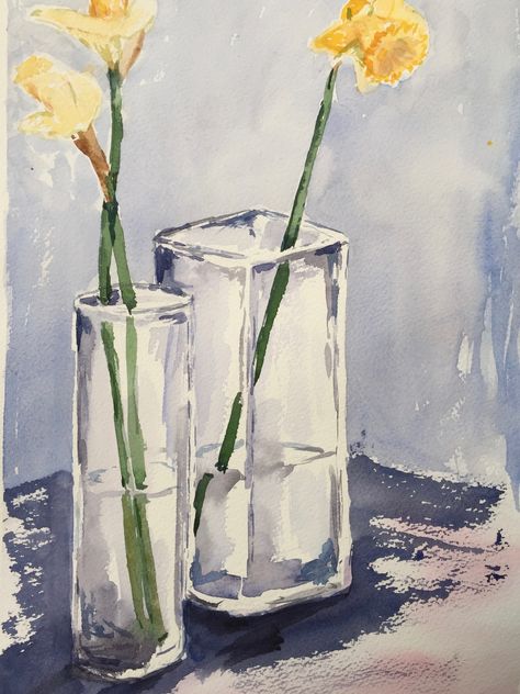 Daffs in glass vase 23.3.2018 Clear Vase Painting, Glass Vase Drawing, Glass Vase Painting, Water Paintings, Emil Nolde, Acrylic Flower Painting, Long Stem Flowers, Piskel Art, Refraction Of Light