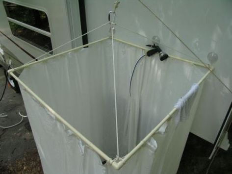 DYI – how to build an RV Outdoor Shower Stall | Camp That Site Portable Shower Stall, Outdoor Shower Stall, Camping Shower Ideas, Rv Updates, Trailer Redo, Outdoor Shower Kits, Outdoor Camping Shower, Portable Outdoor Shower, Outdoor Shower Enclosure