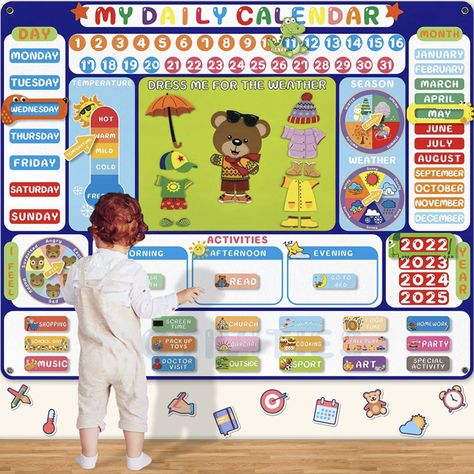 My First Daily Calendar Kit】: Large 3.5 ft kids calendar felt board displays the day of the week, date, month, year, weather, temperture, season, dress me, emotions and activities, 48pcs velcro felt pieces can be reused to help kids design daily calendar. 💡【Make Early Childhood Education Fun】: This preschool calendar special additions of dress me for the weather, emotions and activities! Let toddlers have more fun choices of days of the week for toddlers learning. Great games and early learning Toddler Calendar, Preschool Calendar, Bear Dress, Classroom Calendar, Daily Calendar, Board For Kids, About Today, Weather Seasons, Letter Activities