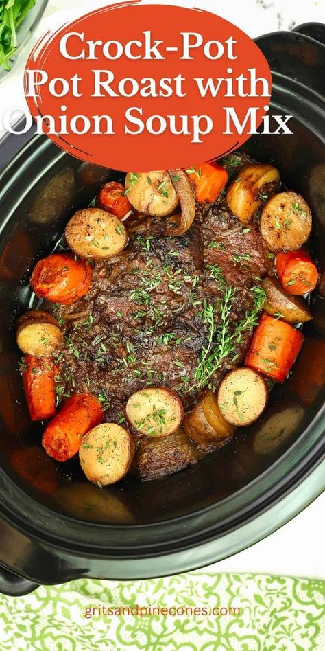 This ultimate Crock-Pot Pot Roast with Onion Soup Mix is a classic pot roast recipe made even better! Featuring a beef chuck roast topped with dry onion soup mix, then cooked low and slow in a slow cooker surrounded by potatoes, carrots, and onions, it makes a delicious dinner the whole family will love. Roast With Onion Soup Mix, Onion Soup Mix Recipe, Classic Pot Roast, Pot Roast Recipe, Beef Roast, Potatoes Carrots, Pot Roast Slow Cooker, Beef Chuck Roast, Carrots And Potatoes