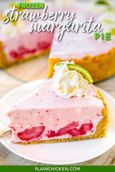 Frozen Strawberry Margarita Pie - seriously delicious!! No-bake! Easy no-churn ice cream pie. Graham cracker crumbs, sugar, butter, sweetened condensed milk, margarita mix, frozen strawberries, and cool whip. Ready to freeze in about 5 minutes. SO easy and SOO good! Great way to beat the heat this summer! #dessert #nobake #frozen #icecream #margarita Strawberry Margarita Pie, Frozen Margarita Pie, Frozen Strawberry Desserts, Margarita Pie, Frozen Strawberry Margarita, Cracker Dessert, Frozen Fruit Recipes, Recipes Strawberry, Frozen Margarita