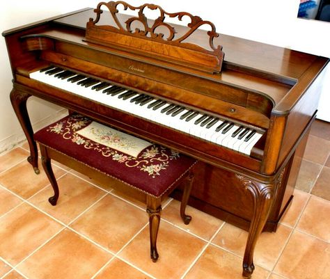 Baldwin Acrosonic Louis XV Dark Cherry Spinet Piano Spinet Piano, Antique Piano, Piano Decor, Piano Room, Music Room, Blue Accents, Blue Bird, Good Music, Needlework