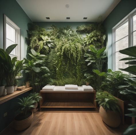 Jungle Esthetician Room, Nature Esthetician Room, Esthetician Room Green, Green Spa Room, Green Spa Aesthetic, Zen Massage Room Ideas, Spa Vibes Aesthetic, Boho Massage Room, Massage Room Interior Design