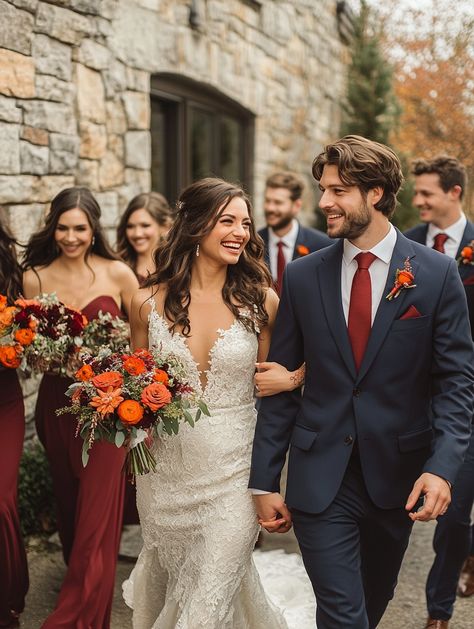 Fall Wedding Colors Men, Blue Suit Burgundy Tie Wedding, Brown Suit Wedding Party, Rust Tuxedo Wedding, Groomsmen Attire For Fall Wedding, Burnt Orange Wedding Groomsmen, Fall Wedding Tuxedos Color Schemes, Terracotta Bridal Party Groomsmen, Fall Wedding Bridal Party Attire