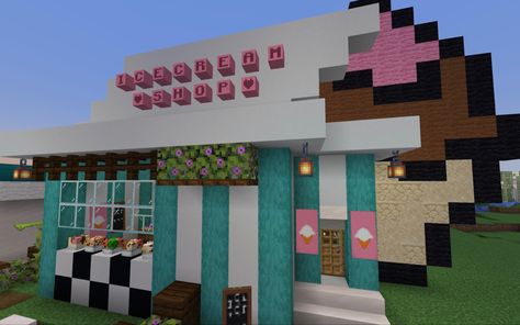 Icecream Shop Minecraft, Ice Cream Shop Minecraft, Minecraft Ice Cream Shop, Minecraft Ice Cream, Minecraft Survival World, Aesthetic Ice Cream, Shop Minecraft, Minecraft Food, Easy Minecraft Houses