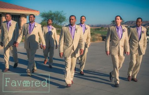 Groom & Groomsmen | Khaki Linen Suit & Purple Shirt & Tie | Wedding Ceremony | Purple Wedding | Las Vegas Wedding at Bear's Best Golf Course | Wedding Planning: Favored by Yodit Events | Photo credit: Myron Hensel Purple Groomsmen Attire, Purple Groomsmen, Lilac Shirt, Khaki Suit, Suit Purple, Wedding Las Vegas, Preparing For Marriage, Tan Suit, I Do Bbq