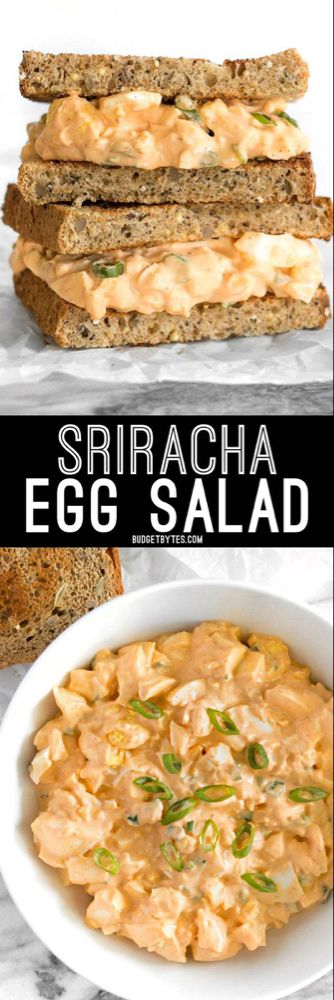 Sriracha Egg Salad is a simple yet satisfying dish that boasts a creamy, tangy, and spicy sauce. BudgetBytes.com Spicy Egg Salad Recipe, Spicy Eggs, Budget Bytes, Quick Dishes, Cold Lunches, Diner Recept, Easy One Pot Meals, Paleo Lunch, Vegan Sandwich