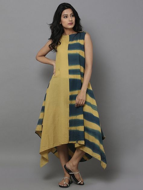 Yellow Green Clamp Dyed Cotton Dress Tie And Dye Kurti Design, डिजाइनर कपड़े, Frock Fashion, Simple Kurta Designs, Designer Kurti Patterns, Simple Kurti Designs, Dresses Design, Salwar Kamiz, Cotton Kurti Designs