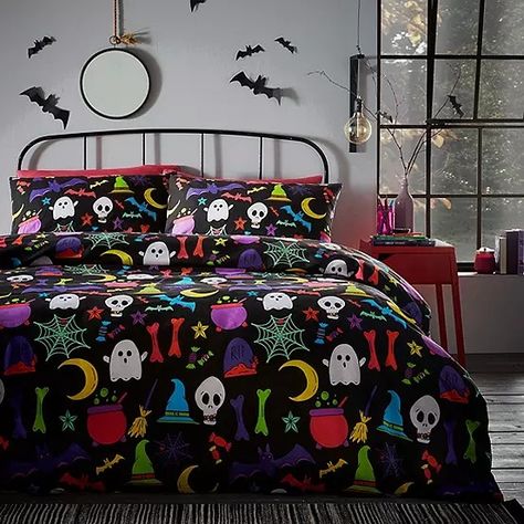 Wednesday Addams Bedroom, Childrens Bedding, Dark Bedding, Trick Or Treat Yourself, Grown Up Bedroom, Halloween Bedding, Glow In The Dark Halloween, Black Duvet Cover, Dark Halloween