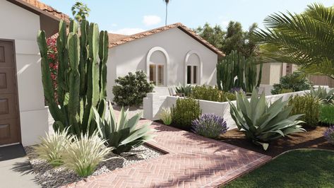 13 Phoenix Landscape Design Ideas Perfect for the Southwest | Yardzen Front Yard Landscaping Spanish Style, Spanish Modern Landscaping, California Front Yard Landscaping Ideas Spanish Style, Desert Front Yard Landscaping, Mailbox Garden Ideas, Spanish Landscaping, Arizona Landscape Design, Desert Plants Landscaping, Phoenix Landscape