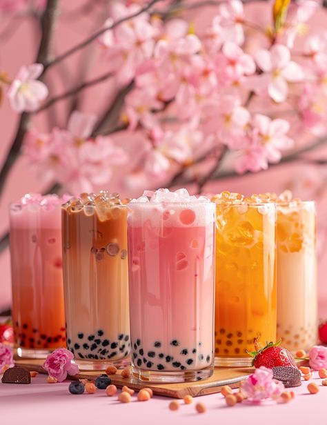 Bubble Tea Variety in Soft Natural Light Backlit Photo, Ice Matcha, Matcha Bubble Tea, Natural Morning, Cute Bubble Tea, Bubble Tea Flavors, Sakura Trees, Pastel Color Background, Inspirational Digital Art