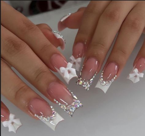 Gem Nail Designs, White Acrylic Nails, Girly Acrylic Nails, Cute Acrylic Nail Designs, Hello Kitty Nails, Short Square Acrylic Nails, Really Cute Nails, Acrylic Nails Coffin Pink, Unique Acrylic Nails