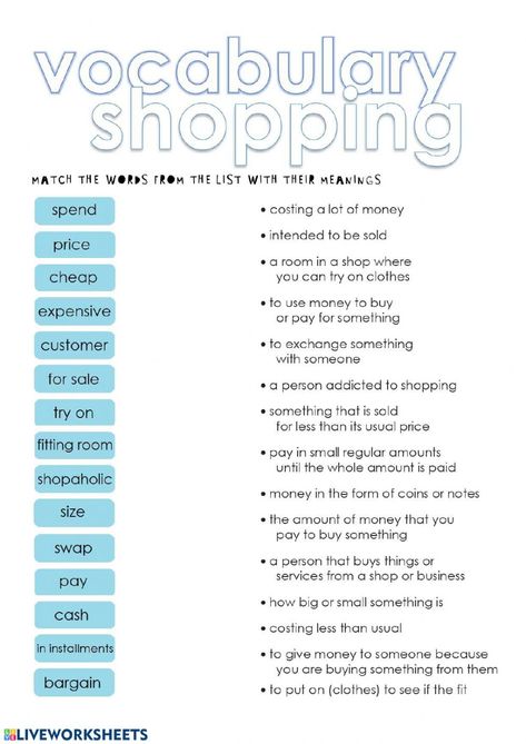 Esl Vocabulary Worksheets, Shopping Vocabulary English, Vocabulary Words Worksheet, Shopping Activities, Vocabulary Exercises, Vocabulary Quiz, Travel Prep, English Teaching Resources, Esl Vocabulary