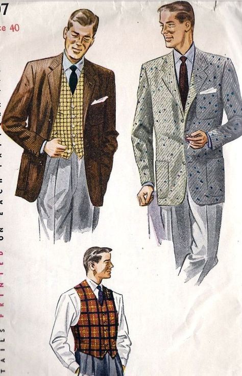 Continental Suit- new suits in the 1950s that had shorter jackets, a closer fit through the torso, and rounded, cutaway jacket fronts; this style continued into the 1960s 1950s Man, 1950s Men, 1950s Mens Fashion, Men In Suits, Mens Sewing Patterns, 1950s Mens, Vintage Fashion 1950s, Look Retro, Fashion 1950s