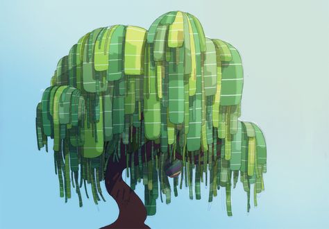 Willow Tree Concept Art, Stylized Tree Concept Art, Stylized Tree 3d, Tree Concept Art, Willow Tree Art, Stylized Tree, Alien Plants, House Cartoon, Building A Home