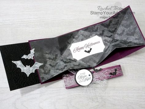 Click here to see how to make a gate fold explosion card with products from the Magic In This Night Suite: Hallows Night Magic Stamp Set, Halloween Magic Dies, Magic In This Night Designer Paper, Metallic Mesh Ribbon, Iridescent Pearls, Cobwebs Embossing Folder, and Black Glitter Paper. You’ll be able to access measurements, a how-to video with tips and tricks, other close-up photos, and links to all the products I used. - Stampin’ Up!® - Stamp Your Art Out! www.stampyourartout.com ... Explosion Cards, Rachel Tessman, Explosion Card, Bridge Card, Night Magic, Create Christmas Cards, Card Folds, Iridescent Pearl, Halloween Magic