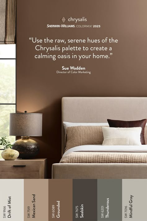 Find your new favorite neutral wall color then paint your bedroom to promote relaxation. Tap this pin to order free color chips of all 12 hues in the sophisticated, nature-inspired Chrysalis palette, one of four expertly curated palettes in the Sherwin-Williams 2025 Colormix® Forecast: Capsules.  #SWColormix #SherwinWilliams #ColorTrends #DIY #InteriorDesign #Color #Inspiration #Paint #Decor #HomeImprovement #HomeDecor Bedroom Paint Colors Sherwin Williams, Neutral Wall Colors, Paint Decor, Tan Walls, Taupe Walls, Accent Wall Colors, Mindful Gray, House Color Palettes, Sherwin Williams Colors