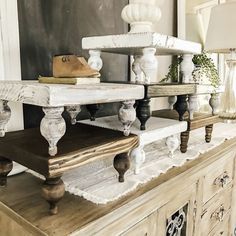 Diy Table Riser Ideas, Wood Table Risers Diy, Farmhouse Risers, Table Risers, Wood Risers, Rustic Outdoor Decor, Old Cabinet Doors, Market Table, Wooden Farmhouse