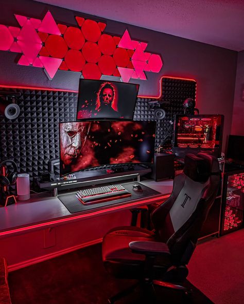 Only a few days until Halloween! After which, Mariah Carey will rise from her slumber and it will be Christmas every where before we know it. Stay strong my spooky friends! 🧡 . . . . . . . . . . . #pcgaming #pcgamingsetup #pcgamer #gamingsetup #setupinspiration #setupgoals #setupwars #setupinspo #deskspace #desktop #desktopwars #rgbeverything #dreamsetup #cleansetup #battlestation #workstation #mancave #gameroom #gamerpc #gamerspace #gamersonly #instagamer #pcsetups Gaming Room Setup Red And Black, Red And Black Pc Setup, Black And Red Gaming Room, Spiderman Gaming Setup, Black And Red Gaming Setup, Game Room Set Up, Red Pc Setup, Goth Gaming Room, Red And Black Gaming Setup