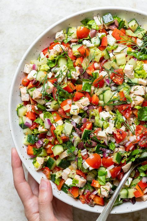 Finely Chopped Greek-Inspired Chicken Salad Chic Salad Recipes, Meal Plan Salads, Greek Salad Chopped, Simple Chopped Salad Recipes, Greek Gyro Bowl, Mediterranean Chopped Salad Recipes, Medatrainian Salad, Finely Chopped Salad, Medditeranean Salad Recipes