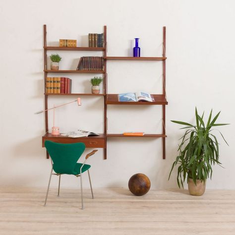 Desk Wall Unit, Teak Wall Unit, Modular Shelving System, Home Office Set Up, Compact Home, Teak Wall, Modular Shelving, Office Set, A Desk