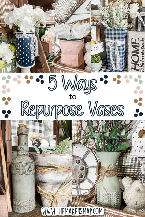 5 Ways to Repurpose Vases - Easy DIY Decor Tutorial Vase Crafts For Kids, Repurpose Vases, Vase Makeover Diy, Crafts For Kids Easy Diy, Diy Crafts Vases, Homemade Vase, Flower Vase Crafts, Farmhouse Vases, Vases Ideas