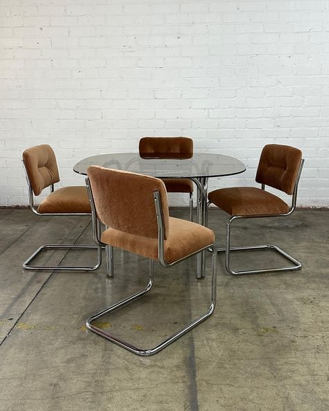 SOLD Tubular Chrome Dining Table Price: 450 Dimensions: W45 H28 KC27.75 Chrome Dining Table, Chrome Chair, Chairs Dining Room, Dining Table Price, Chairs Dining, Dining Chair Set, Dining Room Chairs, Chair Set, Home Living Room