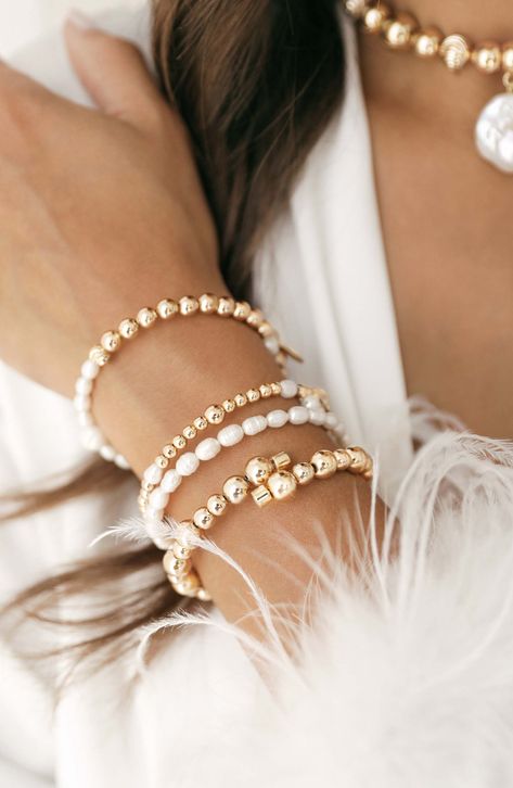 Stack on the shine with this party-ready bracelet set illuminated by cultured freshwater pearls and 18-karat gold-plated beads. Set includes four bracelets Pearl size: 4-6mm Cultured freshwater pearl/18k-gold plate Imported App Social, Pearl Party, Bracelets Pearl, Stack Bracelet, Peachy Keen, Back Necklace, Fresh Water Pearls, Fresh Water Pearl, Gold Plated Bracelets