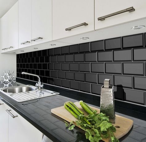 Black Tiles Kitchen, Bevelled Tiles, Black Subway Tiles, Popular Kitchen Designs, Classical Interior, Metro Tiles, Minimalist Kitchen Design, Popular Kitchens, Kitchen Splashback