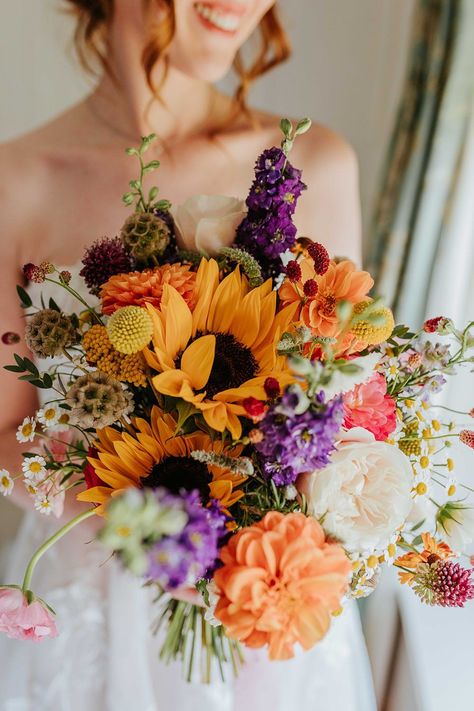 Colourful Sunflower Bouquet, Trendy Wedding Bouquets, Sunflower And Lavender Wedding Bouquet, Wildflower Bouquet With Sunflowers, Sunflower For Wedding, Whimsical Wedding Bouquet Wildflowers, Farm Wedding Bouquet, Spring Wedding With Sunflowers, Sunflower Spring Wedding