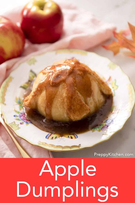 These easy homemade apple dumplings have sweet melt in your mouth cinnamon apples wrapped with a flakey butter crust baked in a buttery brown sugar sauce. They're the perfect dessert for a fall day and all the better since you can make advance! Butter Crust Recipe, Brown Sugar Sauce, Easy Apple Dumplings, Apple Dumpling Recipe, Apple Dumpling, Butter Crust, Sweet Dumplings, Preppy Kitchen, Apple Dumplings