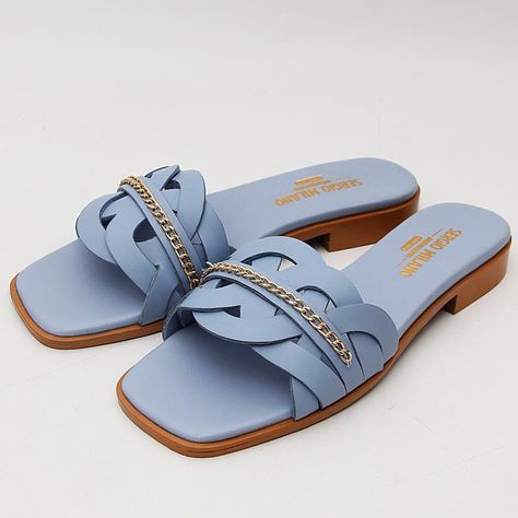 Sky Blue Geneva Serafina Tuscany Low Heel Slippers Italian Leather Shoes, Heel Slippers, Fancy Shoes, Low Heels, Womens Slippers, Italian Leather, Leather Shoes, Block Heels, Casual Shoes