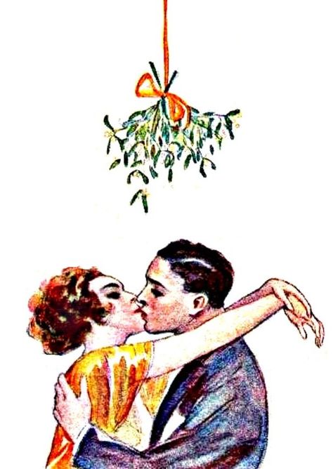 Vintage Christmas Couple, Mistletoe Kiss, Kiss Art, Vintage Illustration Art, Couple Kissing, Romantic Christmas, Vintage Couples, 1920s Art, Kissing Couples