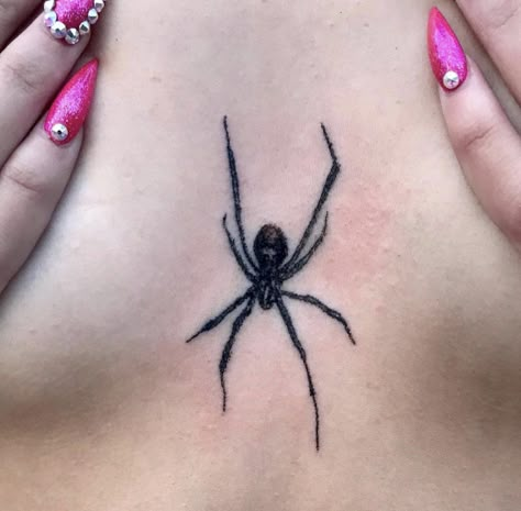 Spider Tattoo Chest Woman, Collar Bone Tattoo Edgy, Spider Tattoo Sternum, Y2k Collarbone Tattoo, Spider Tattoo For Women Chest, Small Chest Tattoo Female Middle, Spider Chest Tattoo Female, Spider Tramp Stamp Tattoos, Emo Chest Tattoo