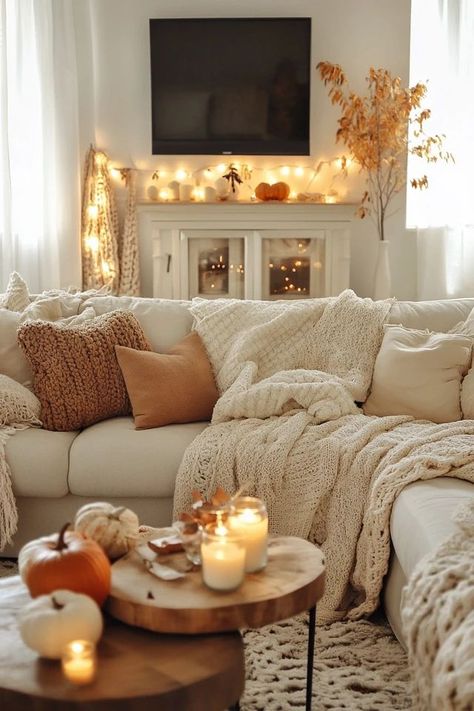 Aesthetic Fall Decor Living Room, Fall Vibes Aesthetic Living Room, Couch Fall Decor, Winter Decor Living Room, Fall Couch Decor, Cozy Fall Aesthetic Bedroom Autumn, Fall Libing Room Decor, Autumn Couch Pillows, College Living Room Decor