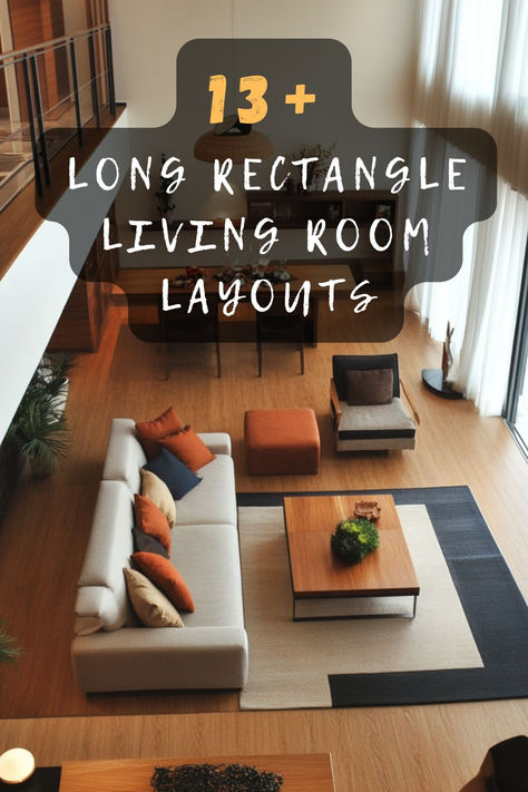 Struggling With A Long, Narrow Living Room? 🛋️📏 Discover 13 Layouts That Maximize Space And Enhance Flow In Your Home. Perfect For Creating A Cozy, Functional Area. Curious How? Click To Find Out! 🏠 #LivingRoomLayouts #RectangleRooms #SpaceMaximization #HomeDesign #InteriorTips Long Shaped Living Room Layout, Rectangle Lounge Room Layout, Step Down Living Room Ideas Layout, Rectangle Living Room Designs Layout, 15 X 16 Living Room Layout, How To Arrange Furniture In A Long Narrow Living Room, 20x10 Living Room Layout, Minimalist Large Living Room, Bowling Alley Living Room Layout