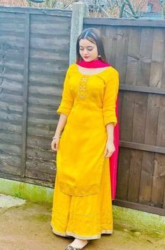 Fashion: #fashion, #style, #outfitinspiration, #beauty Plain Yellow Suit Designs, Dress Desgines, Simple Suit Designs, Plazo Suit Design, Mayon Dresses, Pakistani Dresses Party, Simple Suit, Haldi Function, Heavy Dupatta