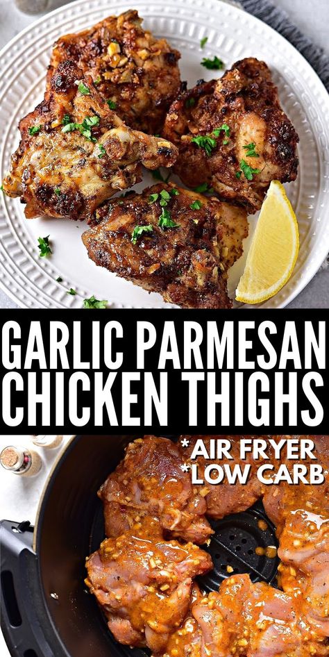 Chicken Thigh Dinner Recipes Air Fryer, Air Fryer Chicken Recipes Low Carb, Chicken Thigh Recipes Airfry, Keto Chicken Thigh Recipes Air Fryer, Air Fry Chicken Thigh Recipes, Chicken Thigh Garlic Parmesan, Keto Friendly Air Fryer Recipes, Air Fried Chicken Thigh Recipes, Garlic Butter Chicken Air Fryer