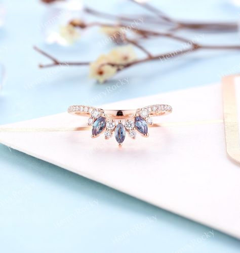 Marquise Wedding Set, Alexandrite Wedding Band, Rose Gold Diamond Band, Promise Band, Band Art, Gold Diamond Band, Purple Diamond, Moonstone Engagement Ring, Rose Gold Wedding Bands