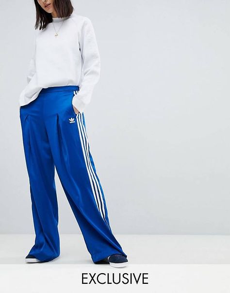 adidas Originals Fashion League Wide Leg Track Pants In Bright Blue Adidas Trousers Outfit, Blue Adidas Pants, Adidas Sweatpants Outfit, Blue Adidas Track Pants, Adidas Pants Outfit, Blue Pants Outfit, Wide Leg Track Pants, Track Pants Outfit, Wide Leg Pants Outfit