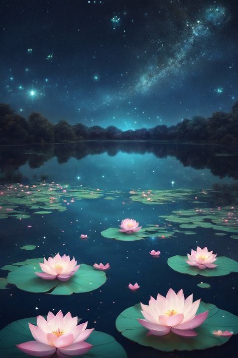 Glowing Lotus Lake Check more: https://paintlyx.com/glowing-lotus-lake/ Lotus Aesthetic, Glowing Lotus, Lotus Lake, Lotus Drawing, Japanese Lotus, Firefly Art, Glowing Flowers, Forest Waterfall, Fantasy Land