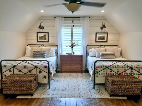 Around the Blocks: Bonus Room/Retreat Room Twin Bed Attic Bedroom, Two Twin Bed Rooms Ideas, Shared Bedroom Full Beds, 2 Beds 1 Room Ideas, Bedrooms With 2 Twin Beds, Farmhouse Twin Bedroom, Room With Two Full Beds, Hunting Airbnb, 2 Twin Beds In One Room Ideas